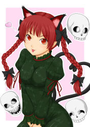 Rule 34 | 1girl, :p, animal ears, bad id, bad pixiv id, bow, braid, cat ears, cat girl, cat tail, female focus, hair bow, heart, heart tail, hero rice, highres, kaenbyou rin, multiple hair bows, red eyes, red hair, skull, slit pupils, solo, standing, tail, tongue, tongue out, touhou, twin braids