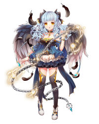 Rule 34 | 1girl, :o, bare shoulders, black ribbon, black thighhighs, blue dress, blue hair, blunt bangs, bracelet, chain, choker, curly hair, dress, feathered wings, feathers, frilled skirt, frills, full body, hair ribbon, hand up, highres, jewelry, long hair, long sleeves, looking at viewer, miemia, parted lips, ribbon, royal flush heroes, shoes, simple background, skirt, solo, standing, thighhighs, white background, wings, yellow eyes