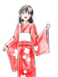 Rule 34 | 1girl, black hair, blue eyes, blush, hair ornament, highres, hone-hone, japanese clothes, kimono, original, simple background, smile, white background
