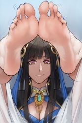 Rule 34 | 1girl, barefoot, black hair, breasts, cleavage, feet, feet up, highres, long hair, looking at viewer, mu tian ming, parted lips, pink eyes, scathegrapes, smile, soles, thunderbolt fantasy, toes