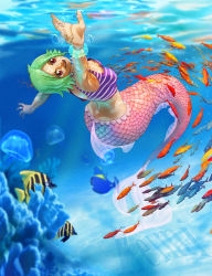 Rule 34 | 1girl, angelfish, bracelet, brown eyes, camie (one piece), character name, coral, corey miller, fish, green hair, highres, jellyfish, jewelry, mermaid, monster girl, ocean, one piece, shirt, short hair, smile, striped clothes, striped shirt, swimming, tank top, underwater, water