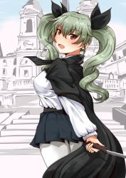 Rule 34 | 10s, 1girl, anchovy (girls und panzer), anzio school uniform, bad id, bad twitter id, belt, black belt, black cape, black ribbon, black skirt, cape, commentary, cowboy shot, dress shirt, drill hair, girls und panzer, green hair, hair ribbon, hanchou (shirokun555), holding, italy, long hair, long sleeves, looking at viewer, looking back, miniskirt, open mouth, pantyhose, partially colored, pleated skirt, real world location, red eyes, ribbon, riding crop, rome (city), school uniform, shirt, skirt, smile, solo, standing, twin drills, twintails, white pantyhose, white shirt
