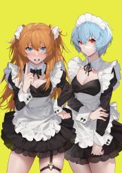 Rule 34 | 2girls, absurdres, alternate costume, apron, ayanami rei, black dress, black neckwear, blue eyes, blue hair, breasts, cleavage, detached collar, dress, enmaided, frilled apron, frilled dress, frills, garter straps, hair between eyes, hair ribbon, hand on own hip, highres, koi han, long hair, maid, maid apron, maid headdress, medium breasts, multiple girls, neon genesis evangelion, puffy sleeves, red eyes, red hair, ribbon, short hair, simple background, souryuu asuka langley, twintails, white apron, wrist cuffs, yellow background