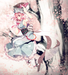 Rule 34 | 1girl, adapted costume, arm ribbon, arm up, blue dress, breasts, cherry blossoms, dasulchan, dress, female focus, geta, hand fan, hat, highres, in tree, large breasts, md5 mismatch, obi, petals, pink eyes, pink hair, resolution mismatch, ribbon, saigyouji yuyuko, sash, sideboob, sitting, sitting in tree, sleeveless, sleeveless dress, smile, solo, source smaller, touhou, tree, veil