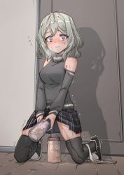 Rule 34 | 1girl, @ @, bare shoulders, black footwear, black skirt, black sweater, black thighhighs, blush, bottle, breasts, breath, caught, closed mouth, clothes lift, clothing cutout, constricted pupils, door, embarrassed, flying sweatdrops, full body, futanari, green hair, highres, holding, holding bottle, indoors, kneeling, lifted by self, long sleeves, looking at viewer, medium breasts, miniskirt, nose blush, original, own hands together, panties, panties around leg, pee, peeing, peeing in bottle, peeing self, penis, plaid, plaid skirt, pleated skirt, purple eyes, rune (dualhart), shoes, short hair, shoulder cutout, sidelocks, skindentation, skirt, skirt lift, sneakers, solo, spread legs, sweat, sweater, thighhighs, trembling, underwear, v arms, verdell (rune (dualhart)), wavy mouth, wet, wet clothes, wet panties, white panties, wide-eyed, zettai ryouiki