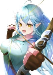 Rule 34 | 1girl, absurdres, ahoge, blue hair, bow (weapon), braid, breasts, colored tips, determined, elf, fingerless gloves, gloves, hair between eyes, heart, heart ahoge, highres, holding, holding bow (weapon), holding weapon, hololive, large breasts, long hair, looking at viewer, multicolored hair, nintendo, pointy ears, side braid, solo, streaked hair, the legend of zelda, the legend of zelda: breath of the wild, towrituka, twitter username, v-shaped eyebrows, virtual youtuber, weapon, yellow eyes, yukihana lamy