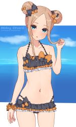 Rule 34 | 1girl, abigail williams (emerald float) (fate), abigail williams (fate), bare arms, bare shoulders, bikini, black bikini, black bow, blush, bow, brown hair, character name, collarbone, commentary request, day, double bun, emerald float, fate/grand order, fate (series), forehead, hair bow, hair bun, hand up, holding, holding hair, kopaka (karda nui), looking at viewer, multiple hair bows, navel, official alternate costume, orange bow, parted bangs, parted lips, polka dot, polka dot bow, sidelocks, solo, swimsuit, wrist cuffs