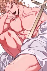 Rule 34 | 1boy, abs, bed sheet, black lips, black nails, blonde hair, collarbone, commentary, cross, dio brando, hand on own cheek, hand on own face, hand rest, head tilt, highres, jojo no kimyou na bouken, latin cross, lipstick, long hair, looking at viewer, makeup, male focus, muscular, muscular male, naked sheet, nipples, nude, pectorals, scar, scar on neck, shenshan laolin, simple background, solo, stardust crusaders, symbol-only commentary, thighs, white background, yellow eyes