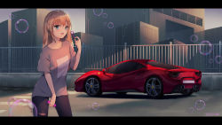 Rule 34 | 1girl, :d, black pantyhose, blouse, blurry, blurry background, blush, bubble, blowing bubbles, building, car, commentary, dduck kong, depth of field, fence, ferrari, ferrari 488, green eyes, grey shirt, hair between eyes, highres, industrial pipe, ladder, letterboxed, light brown hair, long hair, motor vehicle, open mouth, original, outdoors, pantyhose, shirt, short sleeves, sky, smile, solo, teeth, torn clothes, torn pantyhose, upper teeth only, vehicle focus, wide sleeves