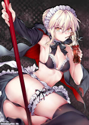 Rule 34 | 1girl, artoria pendragon (all), artoria pendragon (alter swimsuit rider) (fate), artoria pendragon (alter swimsuit rider) (second ascension) (fate), artoria pendragon (fate), bikini, bikini top only, black bikini, black thighhighs, blonde hair, breasts, bridal garter, cleavage, detached collar, drinking, fate/grand order, fate (series), frilled bikini, frills, highres, holding, holding polearm, holding spear, holding weapon, looking at viewer, maid, maid bikini, maid headdress, obiwan, polearm, saber alter, solo, spear, swimsuit, thighhighs, unconventional maid, weapon
