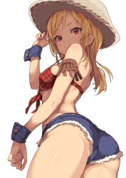 Rule 34 | 10s, 1girl, ass, bad id, bad pixiv id, bikini, bikini top only, blonde hair, blush, breasts, cutoffs, denim, denim shorts, female focus, from behind, from below, front-tie top, hat, highres, idolmaster, idolmaster million live!, long hair, looking at viewer, looking back, looking down, midriff, momose rio, narumi arata, plaid, red eyes, shiny skin, short shorts, shorts, simple background, smile, solo, strap gap, swimsuit, white background, wrist cuffs