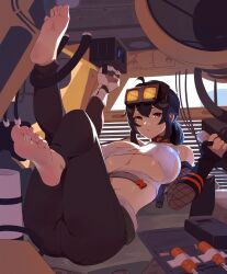 Rule 34 | 1girl, ahoge, bare shoulders, barefoot, black hair, breasts, commentary, english commentary, feet, foot focus, goggles, goggles on head, grace howard, hair between eyes, highres, large breasts, legs up, no shoes, orange eyes, presenting foot, soles, solo, squeezable (squeezabledraws), toes, zenless zone zero