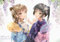 Rule 34 | 2girls, :q, absurdres, anmi, black hair, blue kimono, blush, brown hair, floral print, flower, green eyes, hair flower, hair ornament, hand fan, highres, holding, huge filesize, japanese clothes, kimono, long hair, looking at viewer, looking back, multiple girls, obi, one side up, original, paper fan, parted lips, ponytail, purple kimono, sash, scan, smile, standing, tongue, tongue out, uchiwa, wisteria, yukata