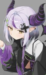 Rule 34 | 1girl, absurdres, black horns, black jacket, black thighhighs, closed mouth, collared shirt, cross hair ornament, demon girl, demon horns, ear piercing, grey background, hair ornament, highres, hololive, horns, huge horns, jacket, la+ darknesss, la+ darknesss (casual), long sleeves, looking at viewer, multicolored clothes, multicolored hair, official alternate costume, official alternate hairstyle, piercing, pointy ears, purple hair, purple stripes, shirt, short hair, simple background, solo, sparkle hair ornament, squatting, streaked hair, striped horns, syhan, thighhighs, virtual youtuber, white shirt, yellow eyes