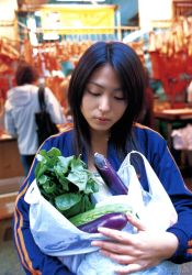 Rule 34 | 1girl, asian, cucumber, dutch angle, eggplant, food, groceries, grocery bag, kawamura yuki, lettuce, long hair, market, meat, photo (medium), plastic bag, shopping bag, solo focus, tagme, vegetable, warm-up jacket