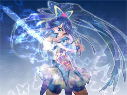 Rule 34 | 00s, 1girl, blue background, blue hair, blue shorts, blue theme, bug, butterfly, butterfly hair ornament, cure aqua, hair ornament, bug, long hair, magical girl, minazuki karen, ponytail, precure, shorts, shorts under skirt, solo, sword, u to i, water, weapon, wide ponytail, yes! precure 5