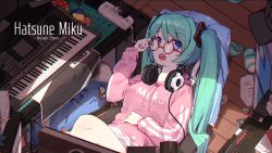 Rule 34 | 1girl, adjusting eyewear, aqua hair, artist name, bespectacled, blue eyes, character name, from above, glasses, hatsune miku, headphones, headphones around neck, highres, hood, hoodie, instrument, keyboard (computer), keyboard (instrument), long hair, looking at viewer, open mouth, rubik&#039;s cube, sitting, slippers, unworn slippers, solo, twintails, vocaloid, zhayin-san