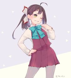 Rule 34 | 10s, 1girl, ahoge, asymmetrical bangs, blue bow, blue bowtie, bow, bowtie, colis, commentary request, dress, fujinami (kancolle), grin, hair ribbon, hand on own hip, kantai collection, long sleeves, one eye closed, pantyhose, purple hair, ribbon, school uniform, shirt, side ponytail, sleeveless, sleeveless dress, smile, solo, twitter username, two-tone background, white shirt, yellow eyes