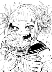 Rule 34 | 10s, 1girl, 4shi, bags under eyes, blunt bangs, blush, boku no hero academia, burger, cardigan, cup, dirty, dirty clothes, disposable cup, double bun, eating, fangs, flying sweatdrops, food, greyscale, hair bun, highres, holding, looking to the side, messy hair, monochrome, open mouth, saliva, school uniform, serafuku, sharp teeth, short hair, signature, simple background, smile, solo, teeth, toga himiko, white background