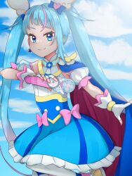 Rule 34 | 1girl, blue dress, blue eyes, blue hair, blue sky, bow, cape, closed mouth, cloud, cloudy sky, commentary, cure sky, day, detached sleeves, dress, earrings, fingerless gloves, frilled dress, frills, gloves, gradient hair, hairband, hirogaru sky! precure, jewelry, legs up, long hair, looking at viewer, magical girl, medium dress, multicolored hair, outdoors, pink bow, pink hairband, precure, puffy detached sleeves, puffy sleeves, sakuma (yr 0920), sky, sky mirage, sleeveless, sleeveless dress, smile, solo, sora harewataru, standing, streaked hair, thighhighs, twintails, two-sided cape, two-sided fabric, very long hair, white gloves, white thighhighs, wing hair ornament