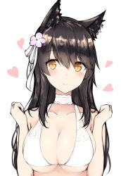 Rule 34 | 1girl, animal ears, atago (azur lane), atago (summer march) (azur lane), azur lane, bare arms, bare shoulders, bikini, black hair, blush, breasts, breasts squeezed together, choker, cleavage, closed mouth, collarbone, flower, hair between eyes, hair flower, hair ornament, heart, large breasts, linez, long hair, long sleeves, looking at viewer, simple background, smile, solo, swimsuit, underboob, upper body, white background, white bikini, white neckwear, yellow eyes