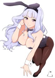 Rule 34 | 1girl, animal ears, ass, bent over, breasts, cleavage, detached collar, fake animal ears, fake tail, female focus, fishnet pantyhose, fishnets, hair over shoulder, hand in own hair, idolmaster, idolmaster (classic), jabara tornado, large breasts, leotard, light purple hair, long hair, looking at viewer, pantyhose, playboy bunny, purple eyes, rabbit ears, rabbit tail, shijou takane, silver hair, simple background, smile, solo, tail, thighs, very long hair, white background, wrist cuffs