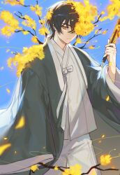Rule 34 | 1boy, :|, absurdres, black hair, blue sky, branch, closed mouth, cowboy shot, day, expressionless, falling leaves, flower, grey robe, hair between eyes, highres, holding, holding scroll, leaf, limbus company, long sleeves, looking at viewer, male focus, open clothes, open robe, outdoors, pants, project moon, robe, scroll, shirt, short hair, sidelocks, sky, solo, sp0i0ppp, white pants, white shirt, wide sleeves, yellow eyes, yellow flower, yi sang (project moon)