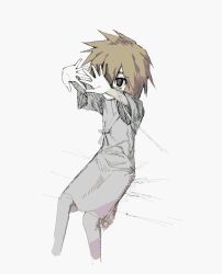 Rule 34 | 1other, androgynous, arms up, atoymk, barcode, barcode tattoo, brown eyes, brown hair, cropped legs, grey pants, highres, hospital gown, kurohebi, len&#039;en, long sleeves, other focus, pants, short hair, simple background, sitting, sketch, tattoo, white background