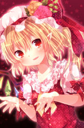 Rule 34 | 1girl, abandon ranka, bad id, bad pixiv id, blonde hair, blush, collarbone, crystal, female focus, flandre scarlet, flower, frills, hat, hat ribbon, highres, open mouth, pointy ears, puffy sleeves, red eyes, ribbon, short hair, short sleeves, side ponytail, solo, touhou, wings