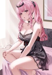 Rule 34 | 1girl, absurdres, black choker, black nightgown, breasts, choker, earrings, highres, hololive, hololive english, jewelry, large breasts, long hair, looking at viewer, mori calliope, mori calliope (sleepwear), nightgown, official alternate costume, pink hair, red eyes, sitting, solo, sunset (sunsetdazzle), tiara, twintails, virtual youtuber