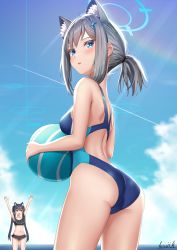 Rule 34 | 2girls, absurdres, animal ear fluff, animal ears, arms up, ass, back, ball, bikini, bikini skirt, black bikini, black hair, blue archive, blue eyes, blue sky, breasts, collarbone, commentary request, competition swimsuit, day, grey hair, hair ornament, halo, highres, holding, holding ball, horizon, kayama kouji, lens flare, long hair, medium breasts, multiple girls, navel, ocean, one-piece swimsuit, open mouth, outdoors, ponytail, red eyes, serika (blue archive), serika (swimsuit) (blue archive), shiroko (blue archive), shiroko (swimsuit) (blue archive), shoulder blades, sidelocks, signature, sky, solo focus, standing, swimsuit, twintails, x hair ornament