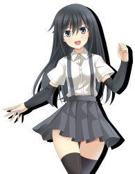 Rule 34 | 1girl, arm warmers, asashio (kancolle), black hair, clenched hand, commentary request, grey eyes, hair between eyes, highres, kantai collection, long hair, looking at viewer, open mouth, pleated skirt, rappa (rappaya), shirt, short sleeves, sidelocks, skirt, smile, solo, suspenders, thighhighs, upper body, white background, white shirt