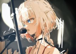 Rule 34 | 1girl, absurdres, bare shoulders, black background, black choker, blonde hair, blue eyes, blurry, blurry background, braid, braided ponytail, cevio, choker, commentary, from side, gradient hair, hair flaps, highres, kabuyama kaigi, long hair, looking ahead, microphone, microphone stand, multicolored hair, music, one (cevio), open mouth, orange hair, portrait, serious, singing, solo, spaghetti strap, v-shaped eyebrows