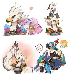 Rule 34 | ..., 1girl, 6+boys, ^ ^, anger vein, angry, animal feet, arijuno, arm up, armor, artist name, beak, bird boy, bird girl, black eyes, black fur, blonde hair, blue fur, blue scarf, blue shirt, blush, body fur, breastplate, carrying, child, claws, clenched hands, closed eyes, closed mouth, constricted pupils, cropped torso, drooling, earrings, father and son, feather hair ornament, feathers, furry, furry female, furry male, grey fur, hair ornament, hair tubes, hand on another&#039;s shoulder, hands on another&#039;s shoulders, happy, headband, heart, highres, holding hands, hoop earrings, husband and wife, jewelry, kass, link, looking at viewer, medium hair, multicolored fur, multiple boys, multiple views, nintendo, notice lines, open mouth, piggyback, pink hair, profile, purple fur, red feathers, revali, rito, saki (zelda), saliva, scarf, shirt, short hair, shoulder pads, signature, simple background, smile, sparkle, speech bubble, spiked hair, spoken ellipsis, spoken heart, teba (zelda), the legend of zelda, the legend of zelda: breath of the wild, thumbs up, tongue, tulin (zelda), twitter username, upper body, v-shaped eyebrows, white background, white fur, white hair, white headband, white scarf, winged arms, wings, yellow eyes, yellow fur