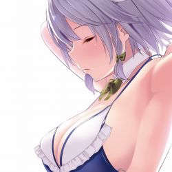 Rule 34 | 1girl, amisu, armpits, arms up, bikini, blue bikini, bow, bowtie, braid, breasts, closed eyes, commentary request, detached collar, frills, from side, green bow, green bowtie, hair bow, izayoi sakuya, large breasts, profile, short hair, silver hair, simple background, solo, swimsuit, touhou, twin braids, upper body, white background