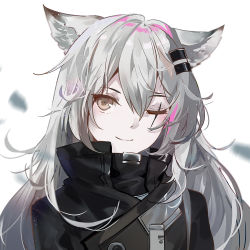 Rule 34 | 1girl, ;), animal ears, arknights, black jacket, commentary, grey eyes, hair between eyes, hair ornament, hairclip, high collar, jacket, kita (kitairoha), lappland (arknights), long hair, looking at viewer, one eye closed, scar, scar across eye, scar on face, silver hair, smile, solo, upper body, white background, wolf ears