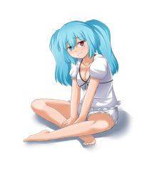 Rule 34 | 10s, 1girl, bare legs, barefoot, bloomers, blue eyes, blue hair, blush, breasts, cleavage, collarbone, full body, grin, heterochromia, highres, indian style, legs, looking at viewer, matching hair/eyes, mono (mono60), pajamas, red eyes, simple background, sitting, small breasts, smile, smug, solo, tokyo ghoul, tokyo ghoul:re, two side up, underwear, white background, yonebayashi saiko
