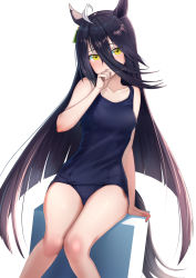 Rule 34 | 1girl, ahoge, animal ears, arm at side, black hair, blue one-piece swimsuit, blunt ends, blush, breasts, collarbone, dutch angle, ear piercing, feet out of frame, hair between eyes, hand to own mouth, hand up, highres, horse ears, horse girl, horse tail, knees together feet apart, long bangs, long hair, manhattan cafe (umamusume), medium breasts, multicolored hair, one-piece swimsuit, piercing, school swimsuit, simple background, sitting, solo, streaked hair, swimsuit, tail, tks (526tks), umamusume, very long hair, white background, white hair, yellow eyes