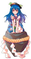 Rule 34 | 1girl, alphes (style), bad id, bad pixiv id, blue hair, dairi, food, fruit, hat, hinanawi tenshi, long hair, looking at viewer, open mouth, parody, peach, puffy sleeves, red eyes, rock, rope, shimenawa, shirt, short sleeves, sitting, sitting on rock, skirt, solo, style parody, torn clothes, torn hat, torn shirt, torn skirt, touhou, transparent background, very long hair