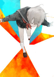 Rule 34 | 1girl, abstract, balancing, brown hair, from above, muted color, nanakawa (nanasoon), original, outstretched arms, school uniform, serafuku, short hair, solo, standing, standing on one leg