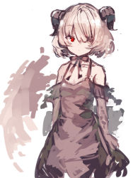 Rule 34 | 1girl, arms at sides, bare shoulders, black bow, black dress, black gloves, bow, collarbone, demon horns, dress, elbow gloves, gloves, hair over one eye, horns, looking at viewer, original, red eyes, short hair, silver hair, sketch, sleeveless, sleeveless dress, solo, yuuji (yukimimi)