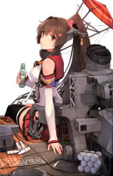 Rule 34 | 10s, 1girl, ammunition, bottle, breasts, brown eyes, brown hair, chalk, drink, female focus, hair ornament, highres, kantai collection, large breasts, long hair, looking at viewer, looking back, machinery, matching hair/eyes, miniskirt, non-web source, official art, ponytail, ramune, scan, scan artifacts, shizuma yoshinori, single thighhigh, skirt, smile, solo, thighhighs, turret, yamato (kancolle)