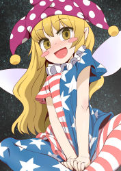 Rule 34 | 1girl, :d, american flag, american flag dress, american flag legwear, american flag shirt, blonde hair, blush, blush stickers, clownpiece, collar, fairy wings, frilled collar, frilled shirt collar, frills, gradient background, hat, indian style, jester cap, leggings, long hair, looking at viewer, neck ruff, open mouth, pantyhose, sitting, smile, solo, star (symbol), striped clothes, striped pantyhose, touhou, v arms, wings, yassy, yellow eyes