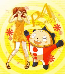 Rule 34 | 1boy, 1girl, ^ ^, arms up, atlus, ayachu, bare shoulders, brown eyes, brown hair, closed eyes, copyright name, dress, earrings, closed eyes, glasses, heart, jewelry, kujikawa rise, kuma (persona 4), long hair, looking over eyewear, looking over glasses, multiple girls, necklace, open mouth, outstretched arms, persona, persona 4, pink-framed eyewear, pink-tinted eyewear, pink-tinted glasses, sandals, skirt, smile, sunglasses, tinted eyewear, twintails, yellow dress, yellow skirt