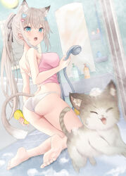 1girl :o akino_ell animal animal_ear_fluff animal_ears ass barefoot bathroom black_ribbon blue_eyes breasts camisole cat cat_ears cat_tail feet grey_hair hair_ornament hair_ribbon hairclip heart heart_hair_ornament highres holding holding_shower_head holding_sponge large_breasts long_hair original panties pink_camisole ponytail ribbon shower_head soles solo spaghetti_strap sponge sweatdrop tail underwear wedgie white_panties