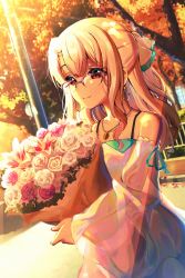 Rule 34 | 1girl, bare shoulders, blonde hair, bouquet, closed mouth, collarbone, commentary request, detached sleeves, dress, earrings, eyebrows hidden by hair, fate/kaleid liner prisma illya, fate (series), fence, flower, glasses, hair between eyes, highres, holding, holding bouquet, illyasviel von einzbern, jewelry, long hair, long sleeves, looking at viewer, outdoors, over-rim eyewear, pendant, pink flower, pink rose, red-framed eyewear, red eyes, rose, sasatabekung, see-through, see-through sleeves, semi-rimless eyewear, sleeveless, sleeveless dress, sleeves past wrists, smile, solo, sunset, tree, white dress, white flower, white rose, white sleeves, wide sleeves