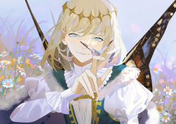 Rule 34 | 1boy, blonde hair, blue eyes, bug, butterfly, butterfly wings, cape, closed mouth, crown, diamond hairband, fate/grand order, fate (series), flower, fur-trimmed cape, fur trim, highres, insect, insect wings, long hair, long sleeves, looking at viewer, male focus, oberon (fate), parai0, smile, solo, upper body, wings