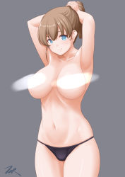 Rule 34 | 1girl, armpits, arms behind head, artist logo, artist name, black panties, blue eyes, breasts, brown hair, censored, censored nipples, commentary request, convenient censoring, cowboy shot, grey background, highres, intrepid (kancolle), kantai collection, large breasts, light censor, looking at viewer, navel, panties, ponytail, short hair, simple background, solo, standing, t2r, topless, underwear, underwear only