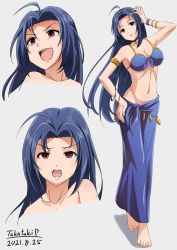 Rule 34 | 1girl, 2021, :d, absurdres, ahoge, arm up, armlet, barefoot, bikini, blue bikini, blue hair, bracelet, breasts, cleavage, closed mouth, collarbone, dated, full body, grey background, groin, hair between eyes, hair intakes, hand on own hip, hand on own head, highres, idolmaster, idolmaster (classic), jewelry, long hair, looking at viewer, medium breasts, miura azusa, navel, open mouth, red eyes, sarong, see-through silhouette, sideboob, smile, standing, swimsuit, takatsuki p, very long hair