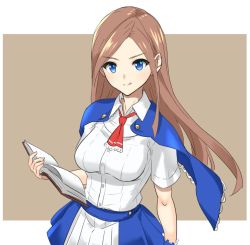 Rule 34 | 1girl, :q, arm at side, ascot, blue capelet, blue eyes, blue skirt, book, breasts, brown background, brown hair, capelet, castlevania (series), castlevania: portrait of ruin, charlotte aulin, collared shirt, dolling60883582, female focus, floating hair, frills, grey background, holding, holding book, konami, long hair, looking at viewer, medium breasts, neck, open book, pleated skirt, red ascot, shirt, simple background, skirt, smile, solo, swept bangs, tongue, tongue out, upper body, v-shaped eyebrows, white shirt